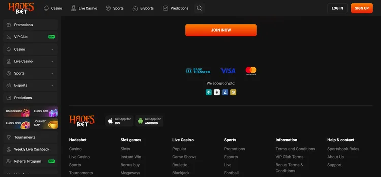 Hades Bet casino footer showing payment methods and site information links Hades Bet casino footer showing payment methods and site information links