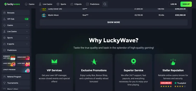 LuckyWave casino page explaining VIP services, promotions and reputation LuckyWave casino page explaining VIP services, promotions and reputation